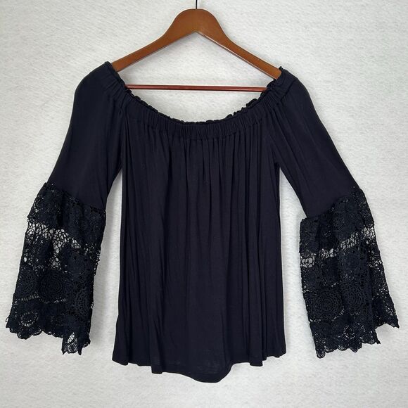 Loft Blouse Women S Navy Lace Off Shoulder Flowy Dressy Boho Fairy Goth Romantic - Picture 12 of 13